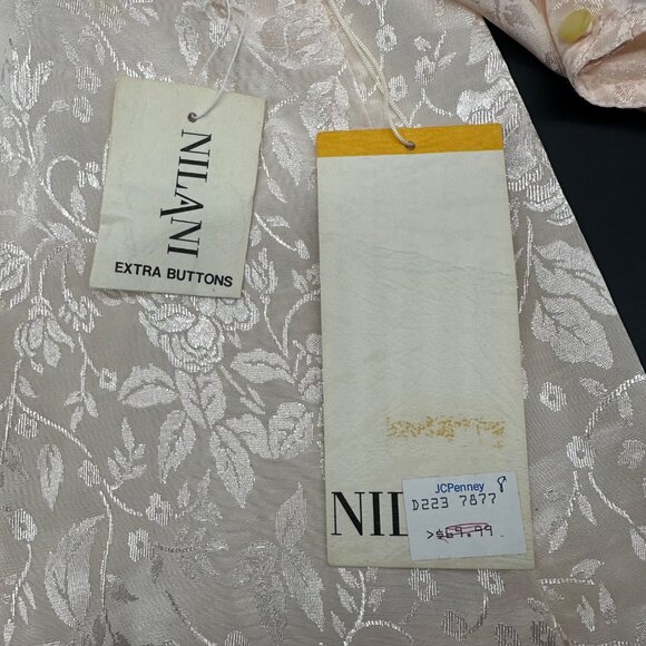 Vintage Peach Floral Dress 80s Nilani Korea Sz 8 Lace Shoulder Pads Drop Waist - Picture 5 of 9